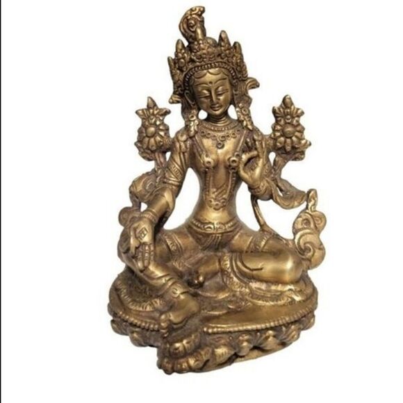 Statue Tibetan Of Green Tara Green Deity Buddhist Brass 7385 - Picture 7 of 7